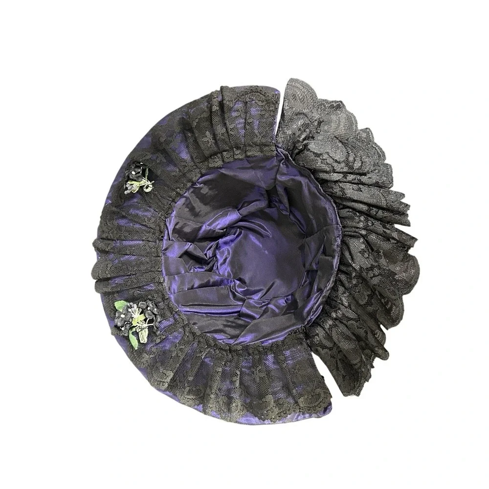 Lush Antique Hat Victorian 1880's Purple Iridescent  Lace Millinery  Flowers